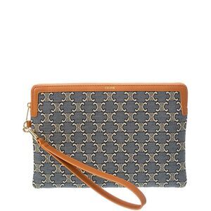 Celine Small Jacquard Triomphe Canvas & Leather Pouch, Blue